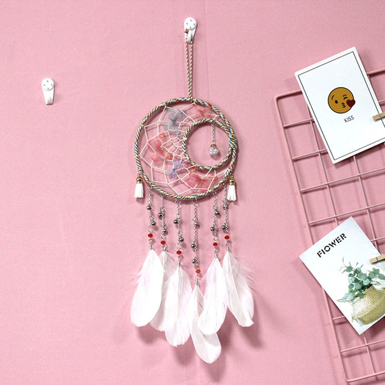 Sun and moon dream catcher with beaded chains and white feather drops