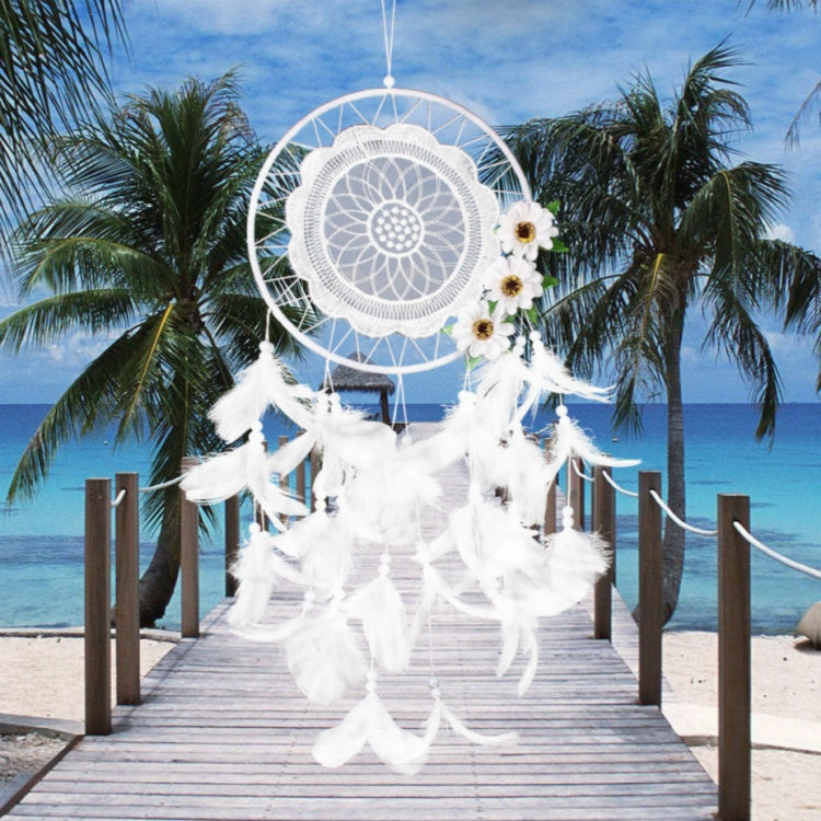 White feather dream catcher with circular lace web and daisy accents