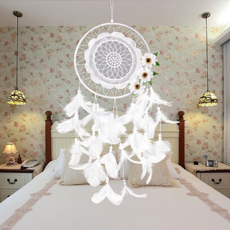 White feather dream catcher with lace web circle and small daisy clusters