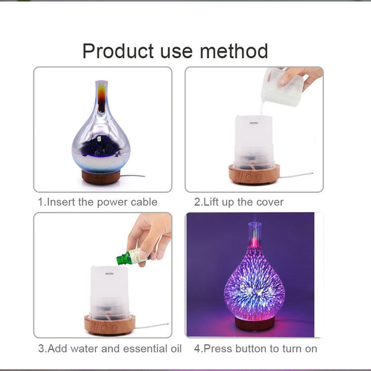 Instruction steps for LED aroma humidifier: fill, add essential oil, cover, power on