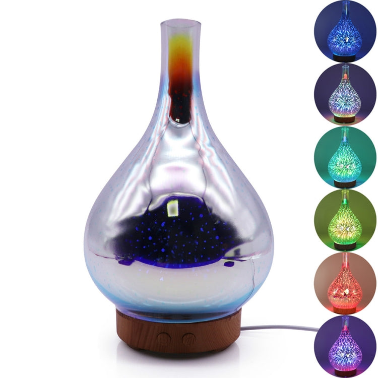 Teardrop LED aroma humidifier with glowing chamber, wood base, side color-mode icons