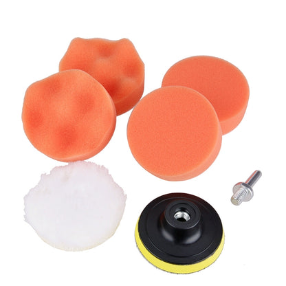 Polishing pad set with orange foam pads, white wool pad, and black mounting backing plate