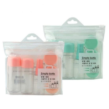 8-piece empty travel bottle set, assorted pastel colors, packed in clear zip bags