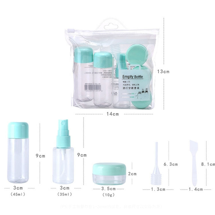 Empty mini travel bottles set with size guide, includes spray and caps in teal