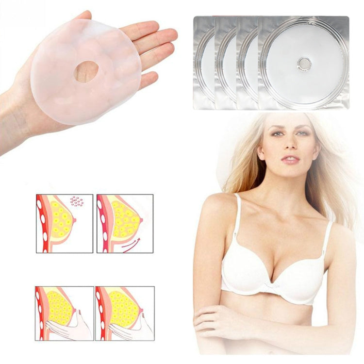 Round translucent breast firming patch with center adhesive circle; shows 4-pack in box