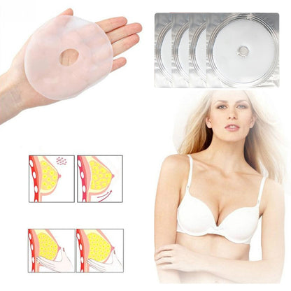 Round translucent breast firming patch with center adhesive circle; shows 4-pack in box