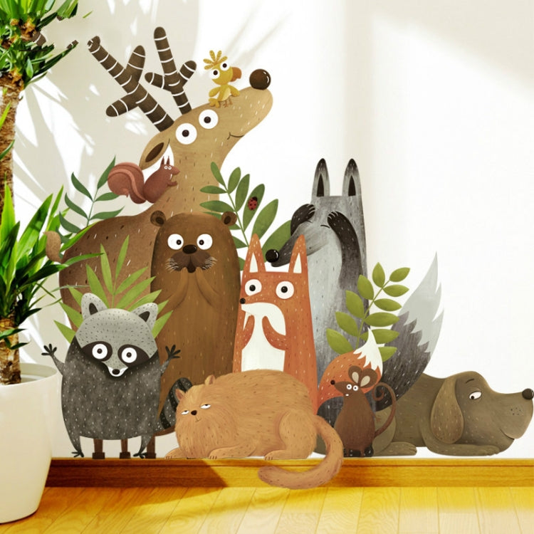 Cartoon woodland animal wall sticker set with giraffe, raccoon, fox, and cat silhouettes