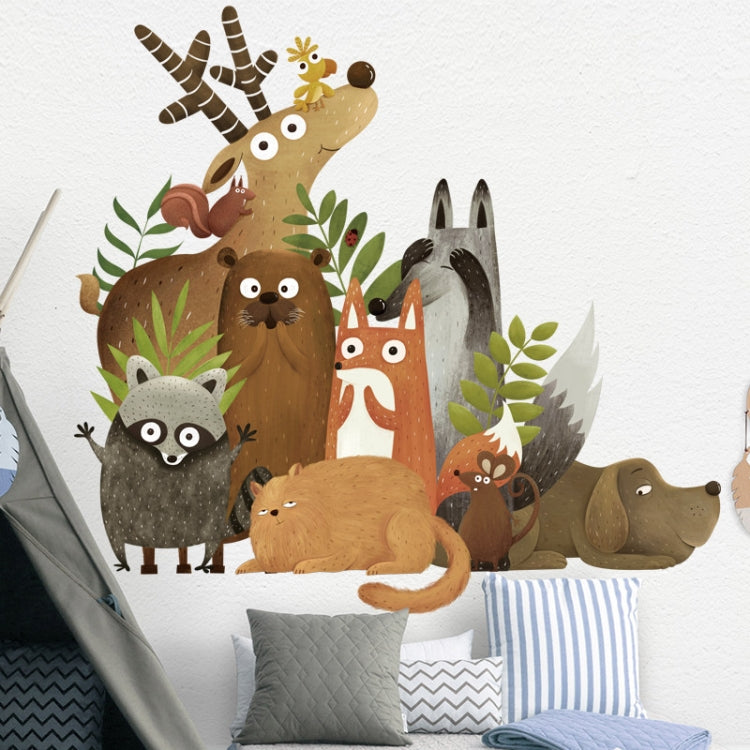 Cartoon woodland animal wall sticker cluster featuring fox, owl, raccoon, and bear