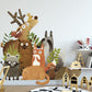 Cartoon woodland animal wall sticker set with giraffe, bear, fox, raccoon, and bird