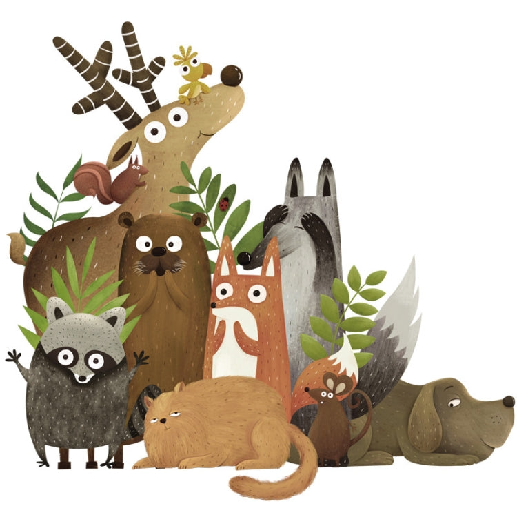 Cartoon woodland animal wall sticker set with multiple characters and leafy plants