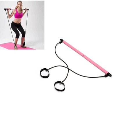 Pink Pilates stick yoga stretching band with black cords and foot loop attachments