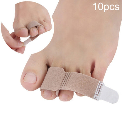 Beige toe separator splint with hook-and-loop strap shown on a foot toe