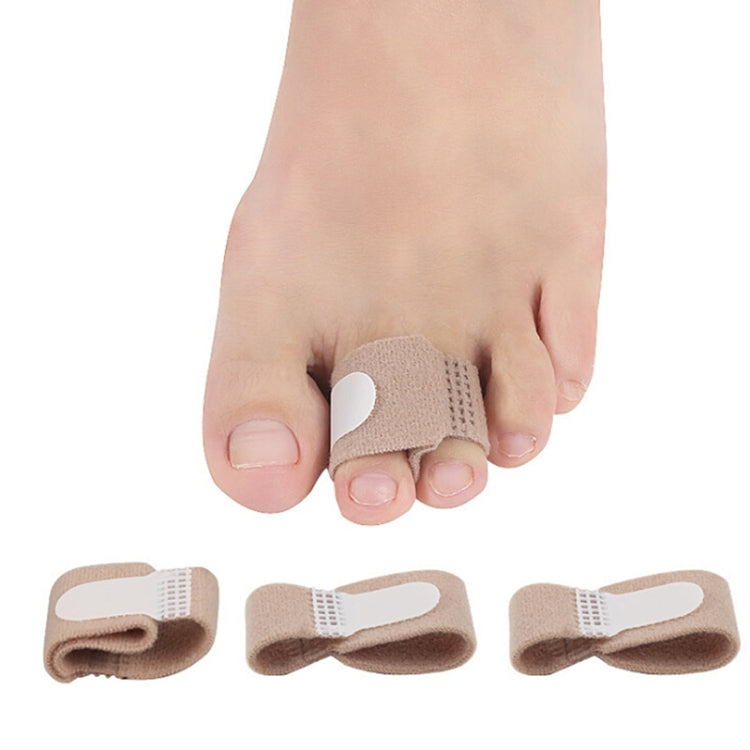 Toe separator splint worn on toes; beige bands with white backing, set shown