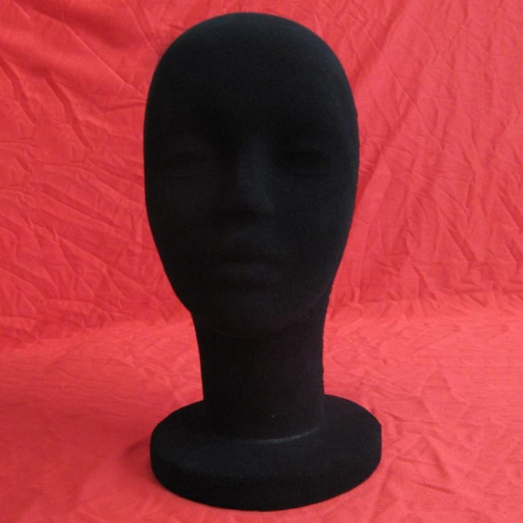 Black foam mannequin head display stand, back view