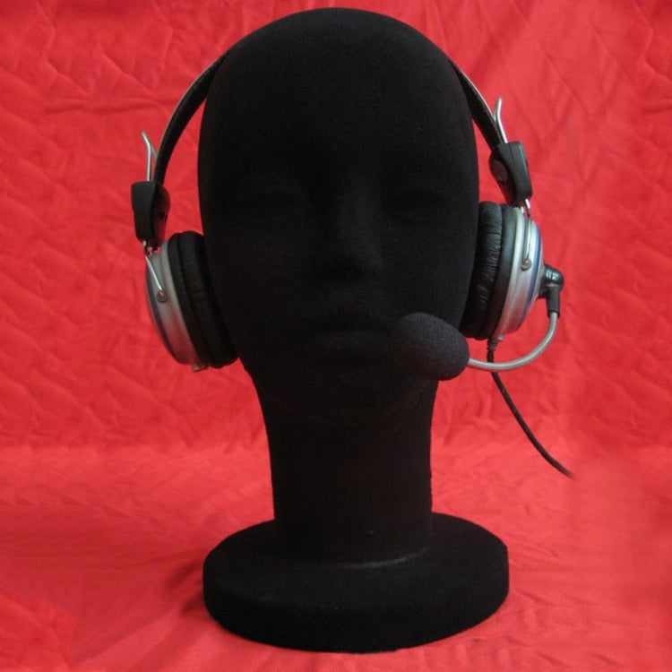 Black foam mannequin head display stand, over-ear headset back view with mic