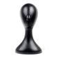 Black plastic mannequin head display stand, front view with rounded shoulders