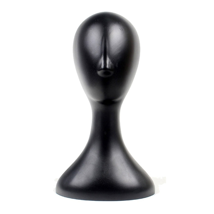 Black plastic mannequin head display stand, front view with rounded shoulders