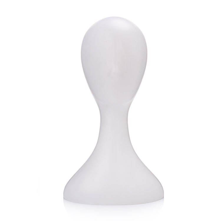 White plastic mannequin head display stand, front view