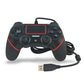 Wired game controller with red light bar, black grips, and USB cable