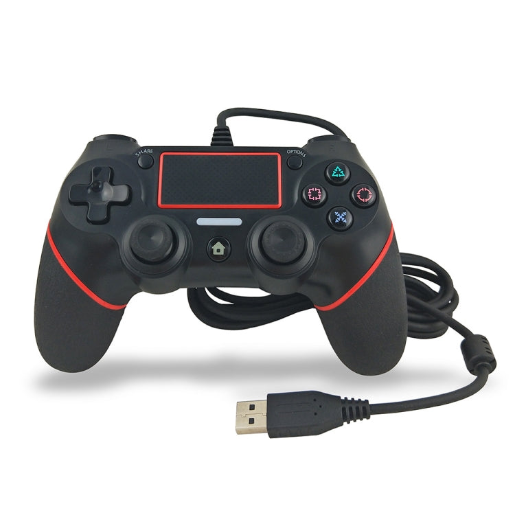 Wired game controller with red light bar, black grips, and USB cable