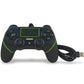 Wired game controller with green light bar, black grips, and USB cable
