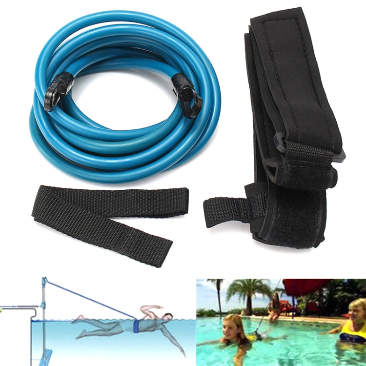 Swimming resistance elastic training kit with blue rope loop, black belt strap and webbing bands