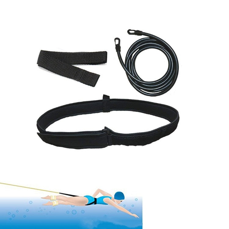 Swimming resistance elastic training set with black belt, coiled cords, and attachment straps