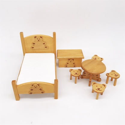Mini bear bed set with twin doll bed, side table, round table, and four small stools
