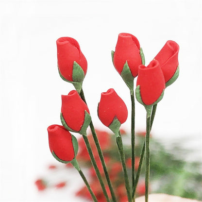 Mini rose stem toy with small red flowers and green leaves, garden set