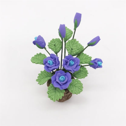 Mini rose flower model toy with purple blooms, green leaves, and brown pot