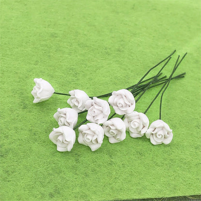 Mini white rose cluster with thin green stems for dollhouse decor