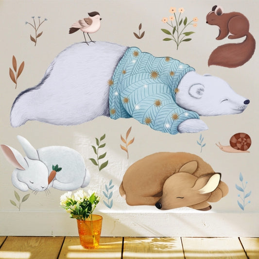 Animal wall sticker set featuring dog, bear, bunny, bird, squirrel and acorn accents