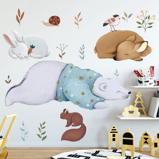 Set of animal wall stickers: sleeping dog, mouse, bunny, bear, bird, squirrel, leaves