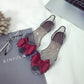 Transparent jelly flat shoes with dark red bow and clear upper, open toe
