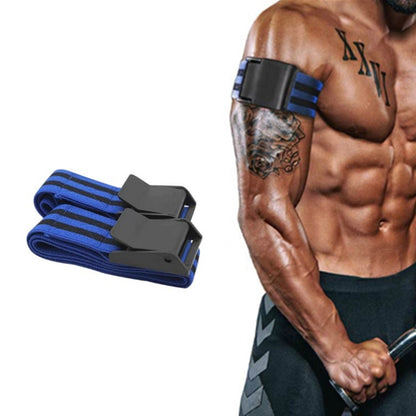 Blue striped arm fitness restriction band with black buckle worn on upper arm