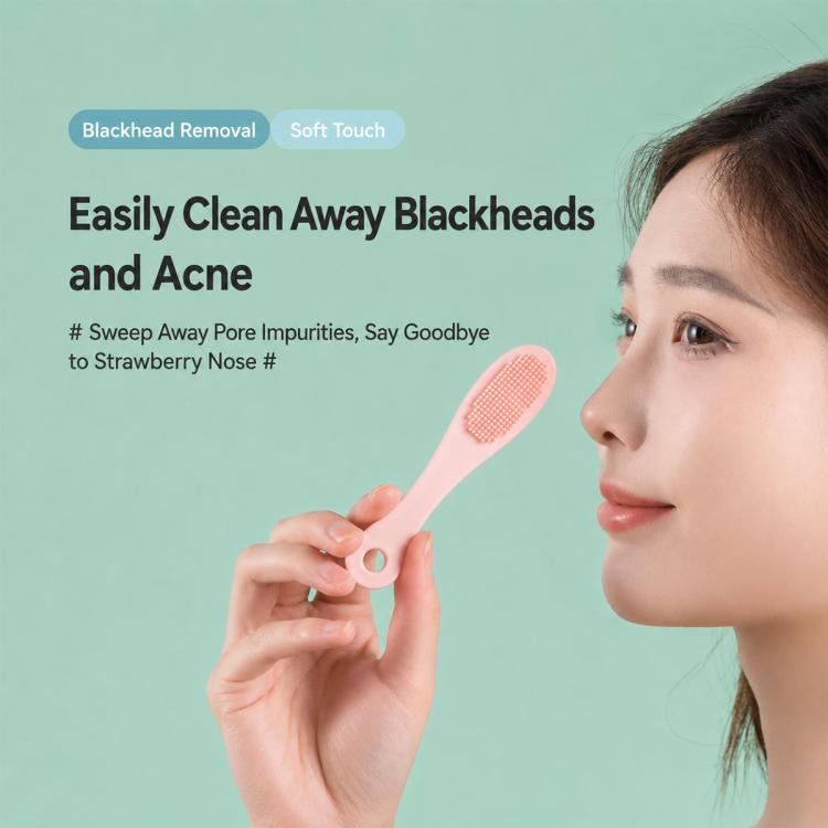 Pink silicone nose cleansing brush held near a woman’s nose for gentle cleaning