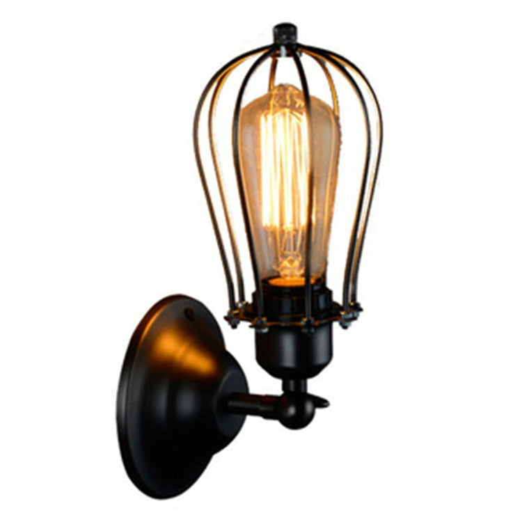 Wall lantern light with bronze-tinted wire cage, black base, clear glass bulb tube