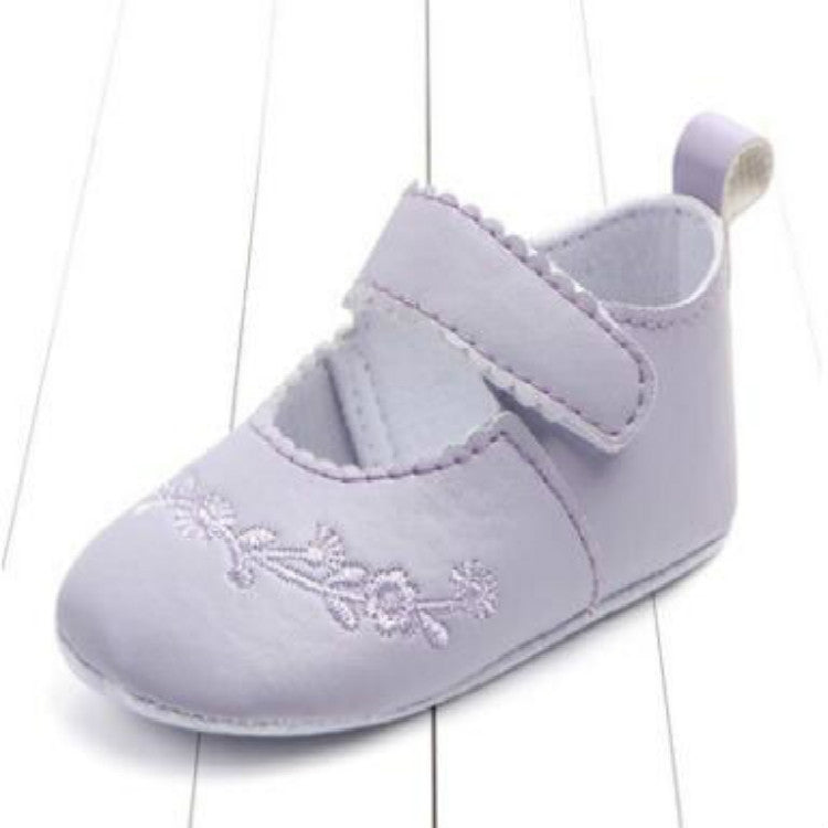 Baby girl first walker crib shoes in light purple with hook-and-loop strap and floral embroidery