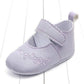 Baby girl first walker crib shoes, light purple, side view with stitched strap and floral trim