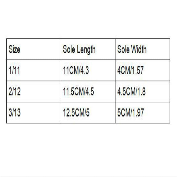Baby shoe size chart with sole length and width for 11cm, 12cm, and 13cm walkers