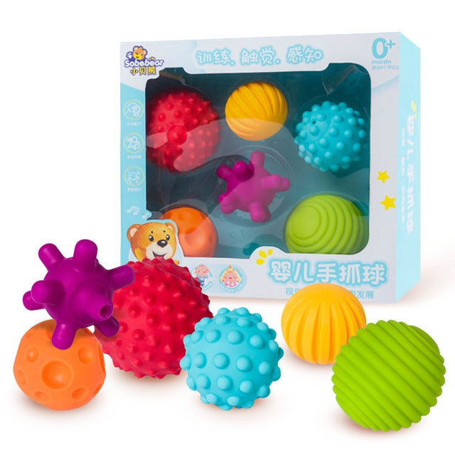 Boxed set of six colorful textured rubber bath balls in assorted colors