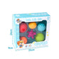 Boxed set showing six colorful textured rubber bath balls for infants