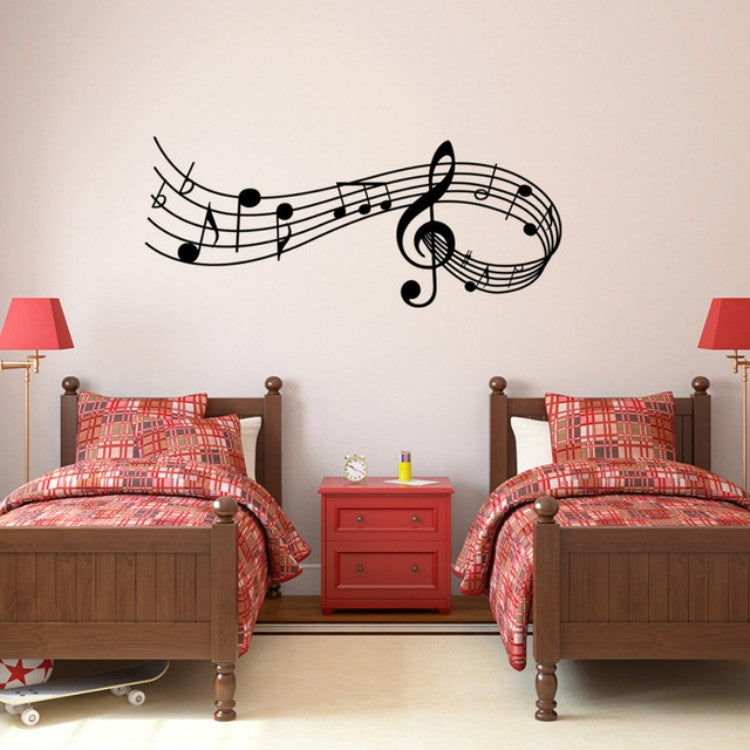 Black music note wall decal with treble clef and staff lines, long horizontal spread