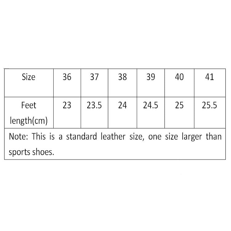 Size chart for leather high-heeled sandals: sizes 36–41, foot length (cm)