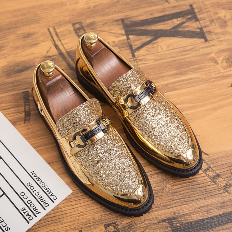 Men's gold glitter leather formal dress shoes with buckle strap and thick sole