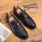 Men's pointed formal leather loafers, black glitter with buckle strap and thick sole
