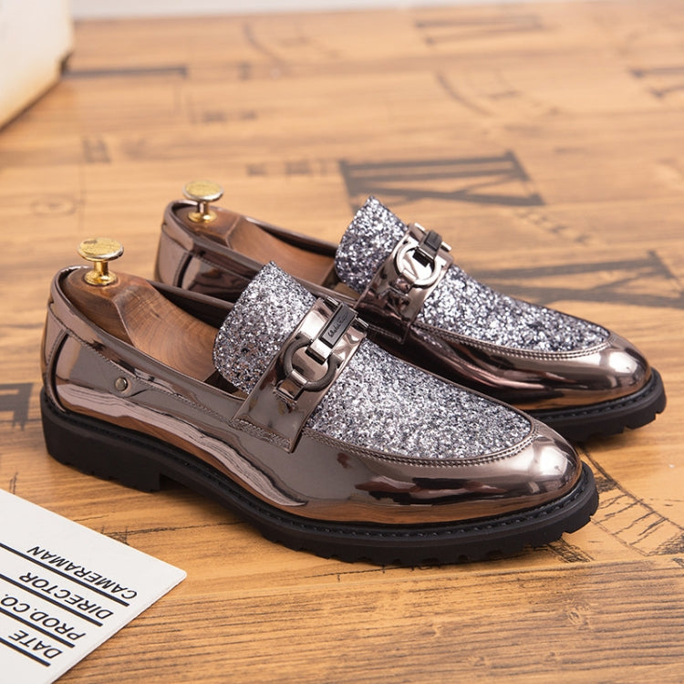 Men's pointed formal leather loafers, silver glitter strap and buckle, thick sole