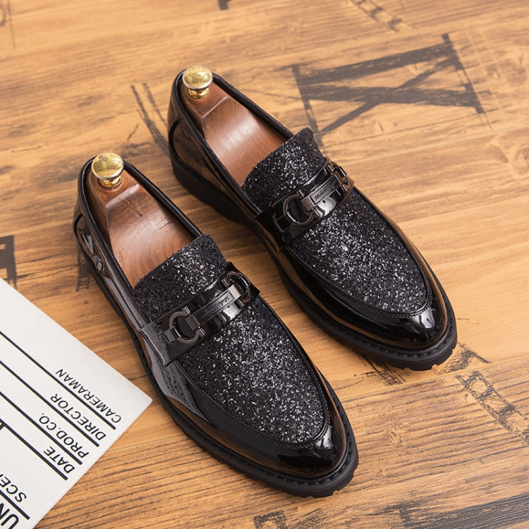 Men's pointed formal leather loafers, black glitter strap and buckle, thick sole