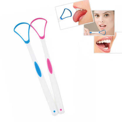 Tongue scraper with white handle and blue and pink ridged cleaning head