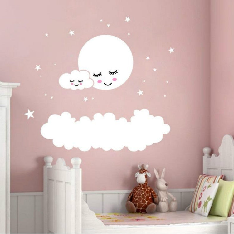 White moon and cloud wall sticker with star speckles and smiling faces